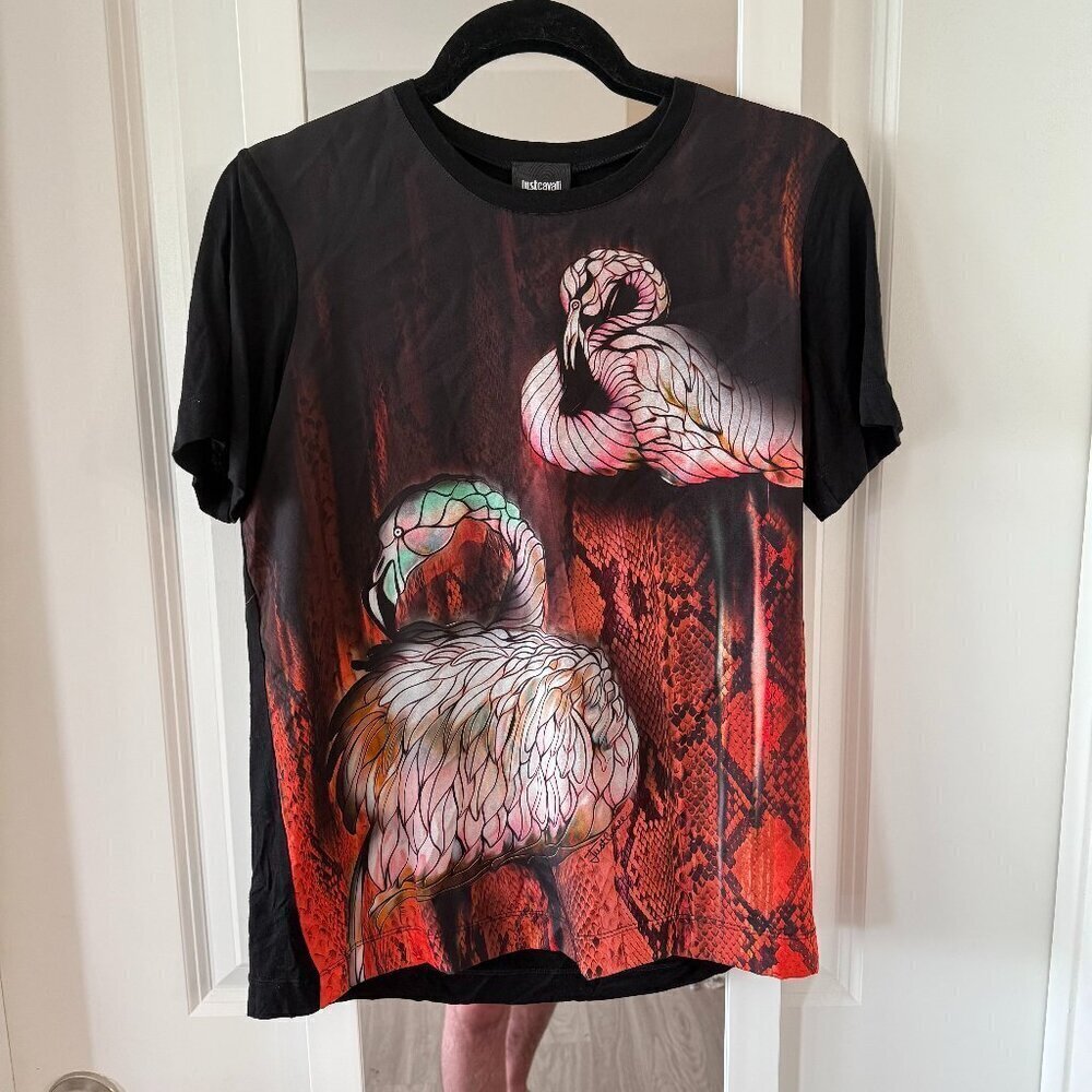 Just Cavalli Flamingo Print Tee Short Sleeve Size Small Color Black Pink Red